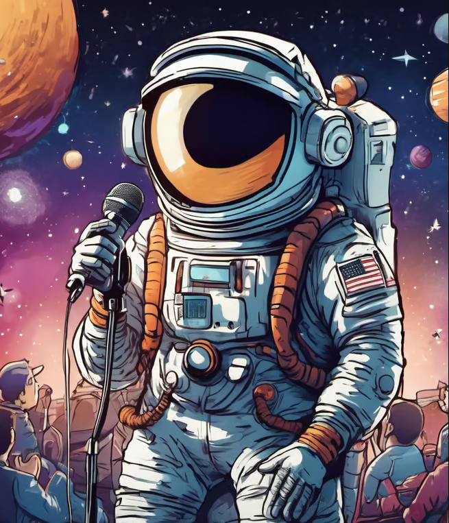spaceman on mic and entertaining with funny jokes, one-liners, puns, humor content and party games