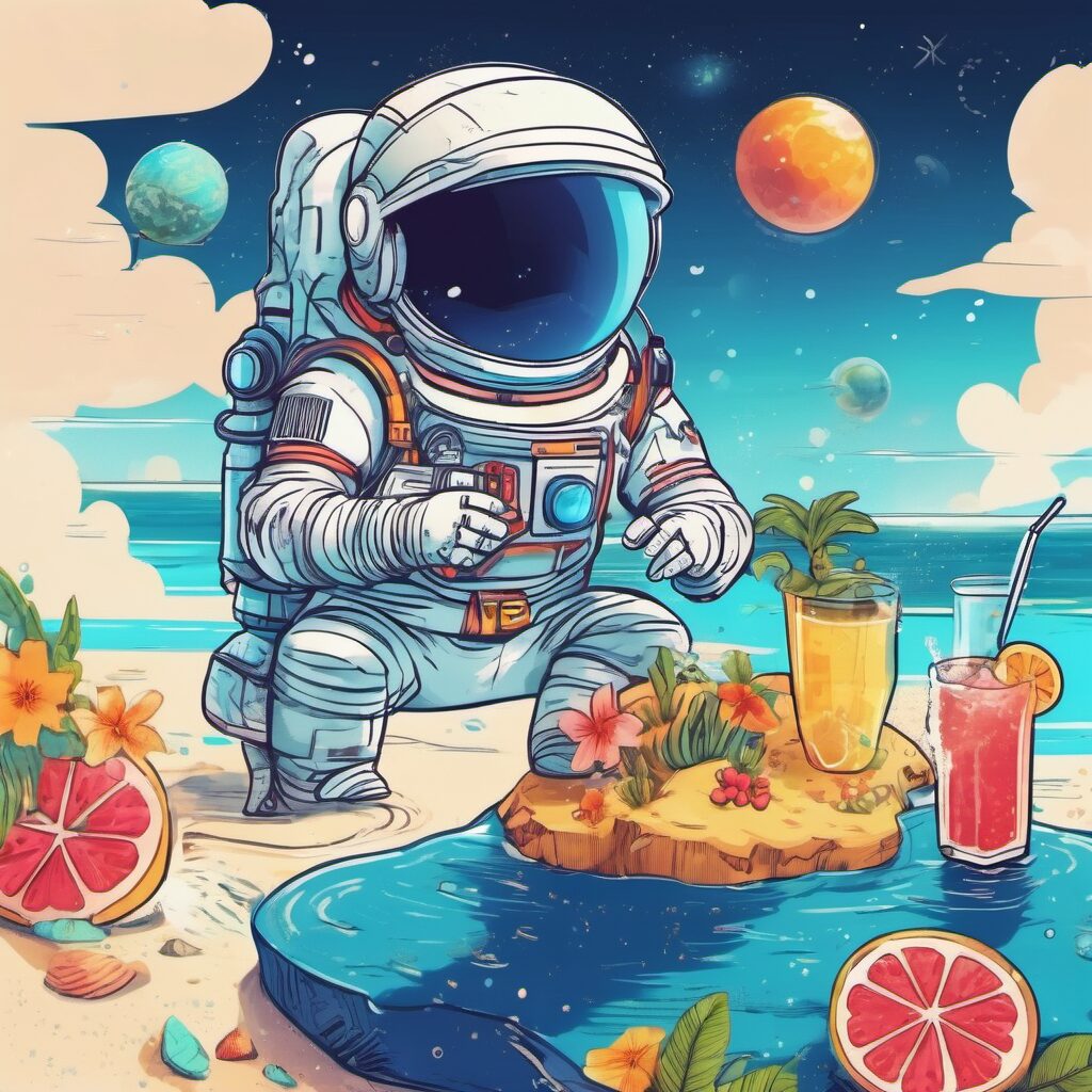 spaceman squatting and entertaining with funny jokes, one-liners, puns, humor content and party games