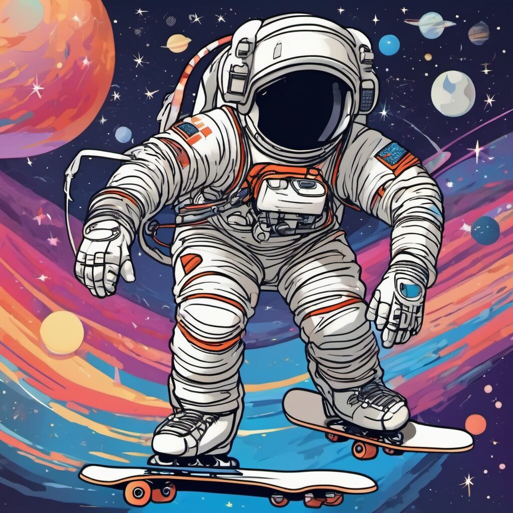Spaceman skating and entertaining with funny jokes, one-liners, puns, humor content and party games